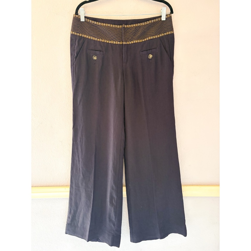 Idra Anthropologie Y2K Linen Wide‎ Leg Pants Embellished Waist Dark Academia 8